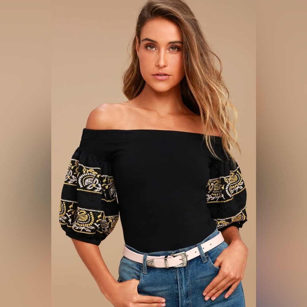 Free People Rock With It Black Embroidered Off-the-Shoulder Top